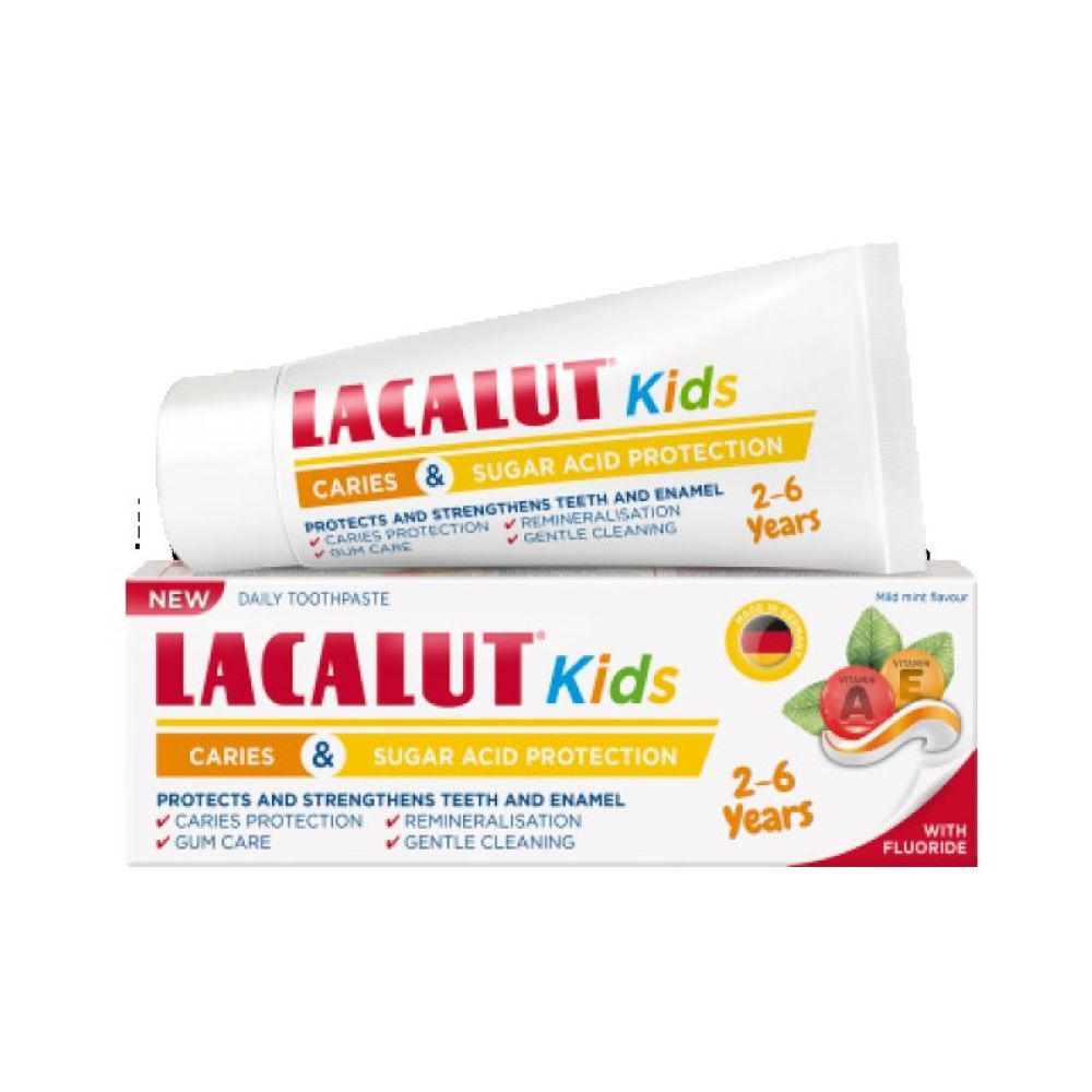 LACALUT KIDS TOOTHPASTE, 2-6 <br> Паста за заби за деца од предучилишна возраст, за заштита на млечни заби и чувствителни непца, 55мл.