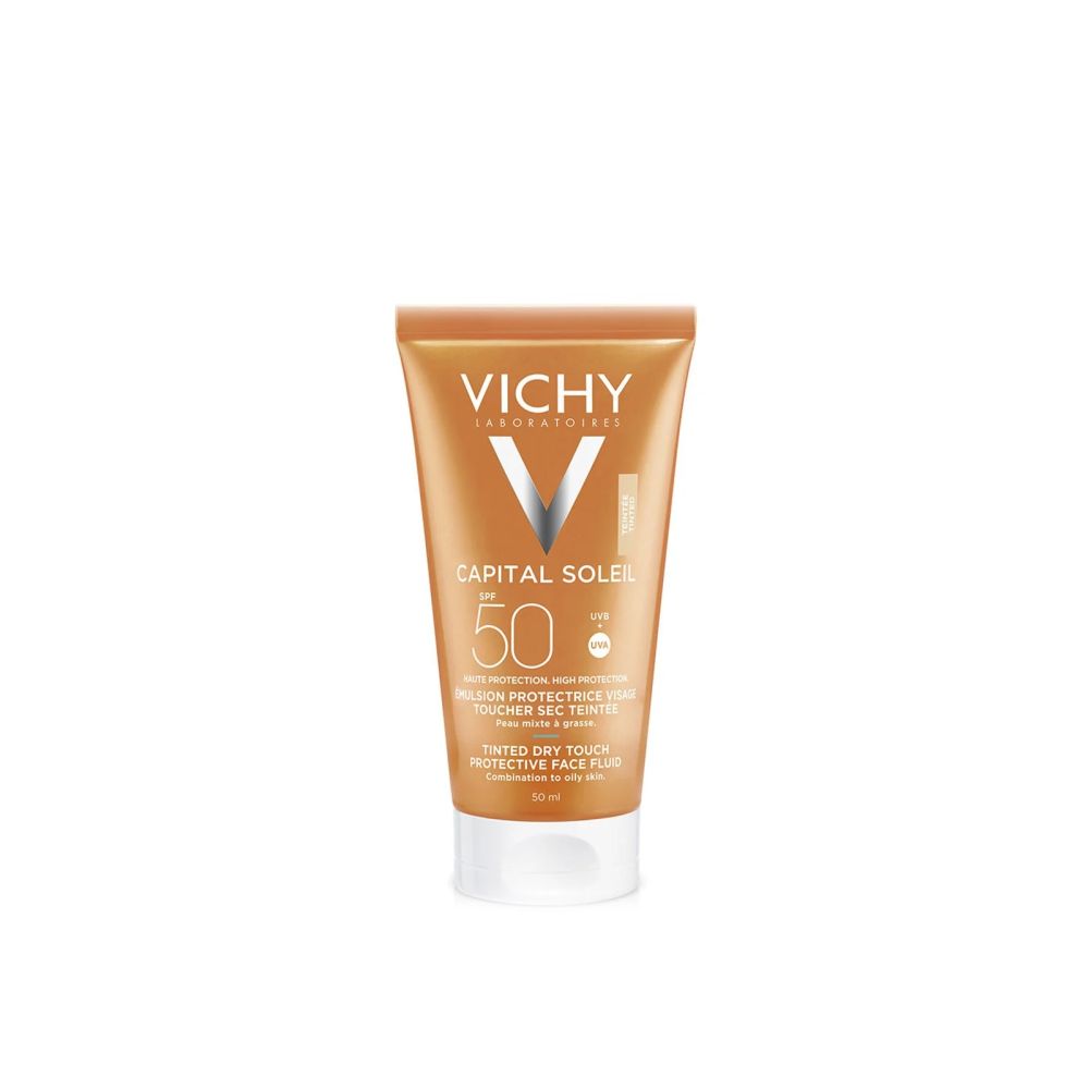 VICHY CAPITAL SOLEIL SPF50 DRY TOUCH FACE FLUID BB TINTED <br> Обоен флуид за лице 50мл