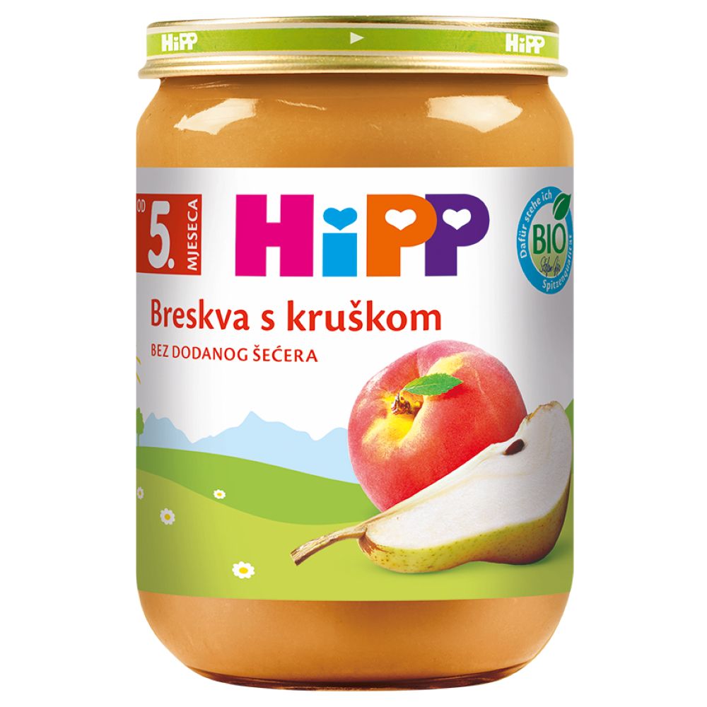 HiPP Праска со круша <br> идеална како десерт или како додаток во кашичка 190гр., од 5 месеци