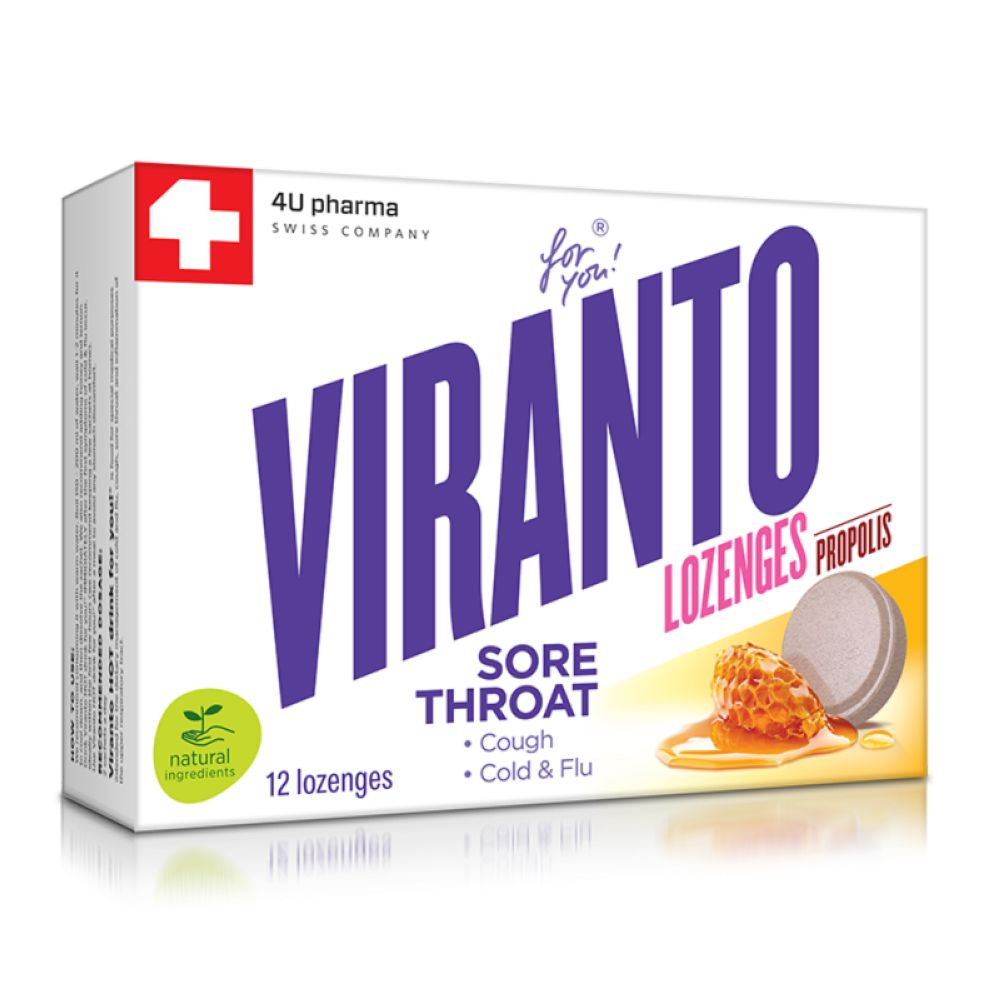4U PHARMA VIRANTO SORE THROAT LOZENGES <br> Пастили за деца и возрасни за риродна поддршка при воспалено грло, иритација и кашлица, 12 пастили