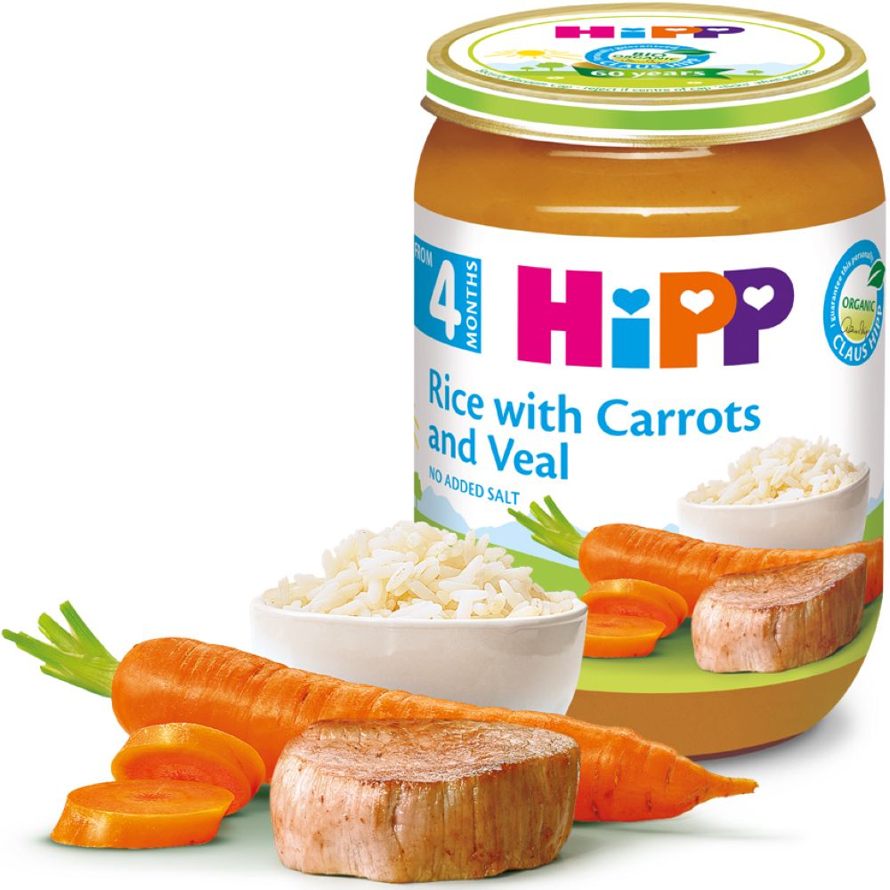 HiPP Морков со ориз и телешко <br> целосен оброк 190гр., од 4 месеци